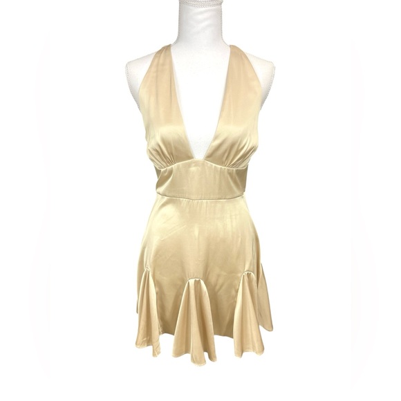 Abercrombie & Fitch Plunge V-Neck Satin Mini Cocktail Dress Gold Coquette - Picture 6 of 12